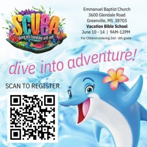 scuba VBS promo poster, dolphin with flower smiling with a caption Dive into Adventure!